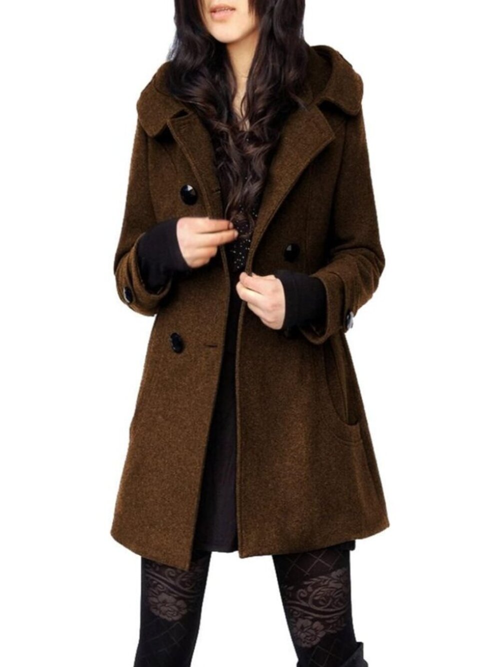 Women's Brown Warm Double Breasted Wool Pea Coat Trench Coat Jacket with Hood